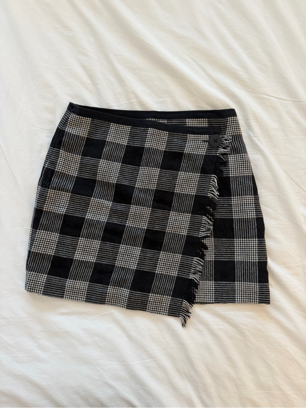 Madewell Black & White Plaid Fringe Wrap Mini Skirt